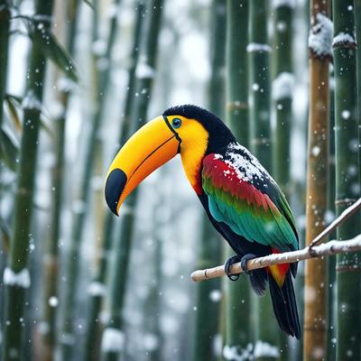 The primary subject of the image is a colorful bird perched on a bamboo branch. The bird has a vibrant yellow and black beak, and its body is adorned with a rainbow of colors. The setting is a snowy environment, with the bird sitting on the branch amidst the snow. The visual style of the image is a photo, capturing the bird in its natural habitat. The colors and mood of the image are lively and cheerful, with the bird's vibrant